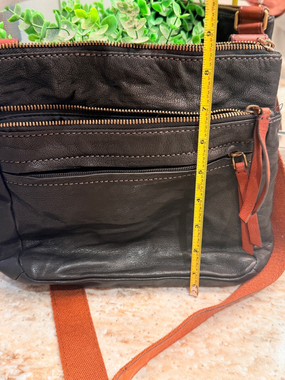 Fossil Black Leather Crossbody Bag with brown Strap